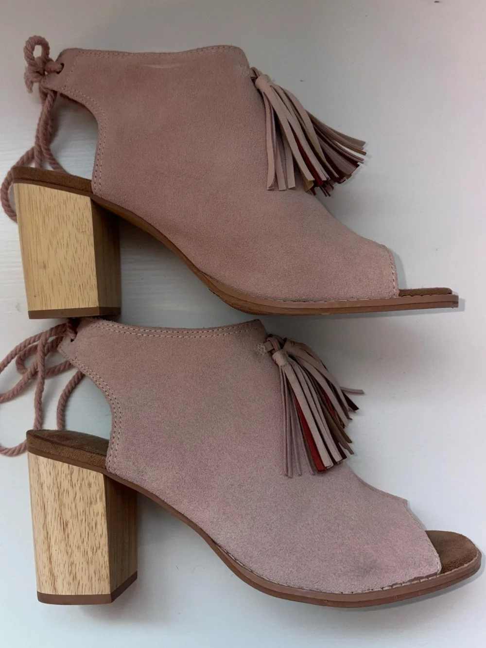TOMS Elba Blush Suede Peep Toe Wood Block Heel  Womens 10